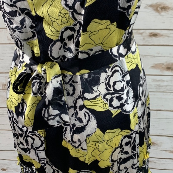 DYVNA Yellow Black Chacha Ruffle Floral Silk Dress - Picture 2 of 10